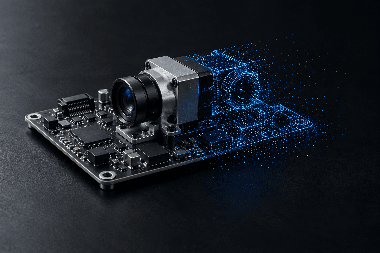 Concept illustration of a circuit board and optical sensor transitioning into a blue point cloud.